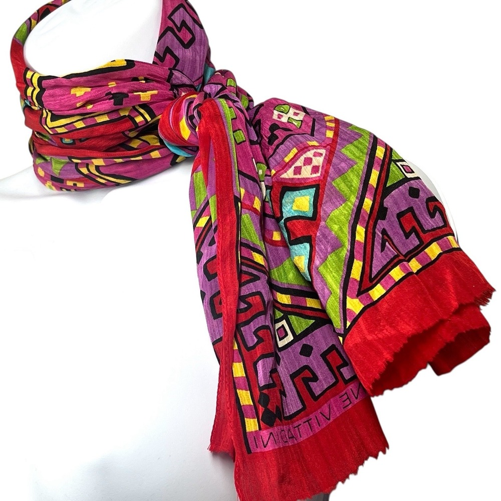 Adrienne Vittadini Silk Scarf Art to Wear Colorful Art-Deco Mod Geometric 52x10‎